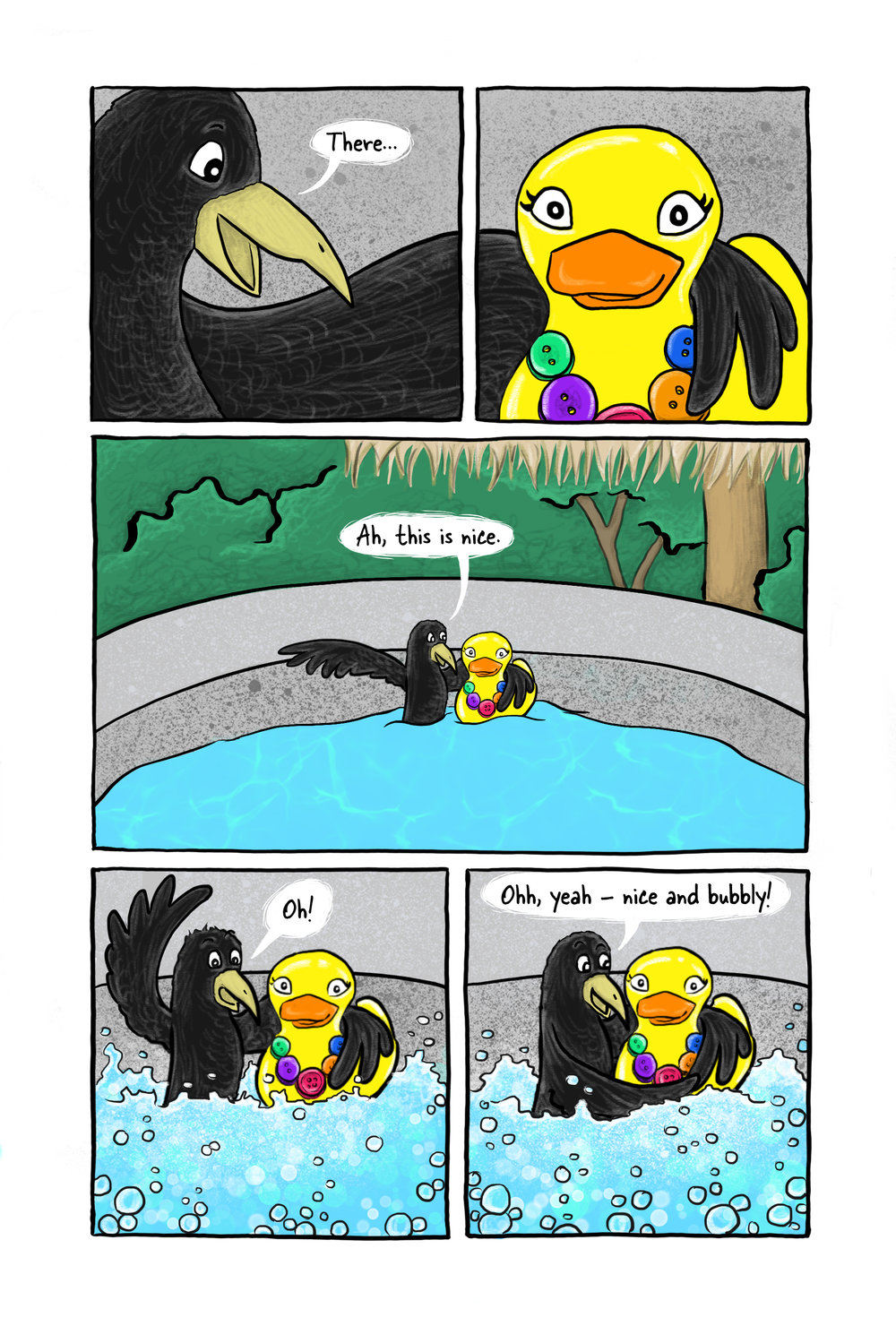 Page 5 Mr. Buttons gets cozy in the hot tub with the duck